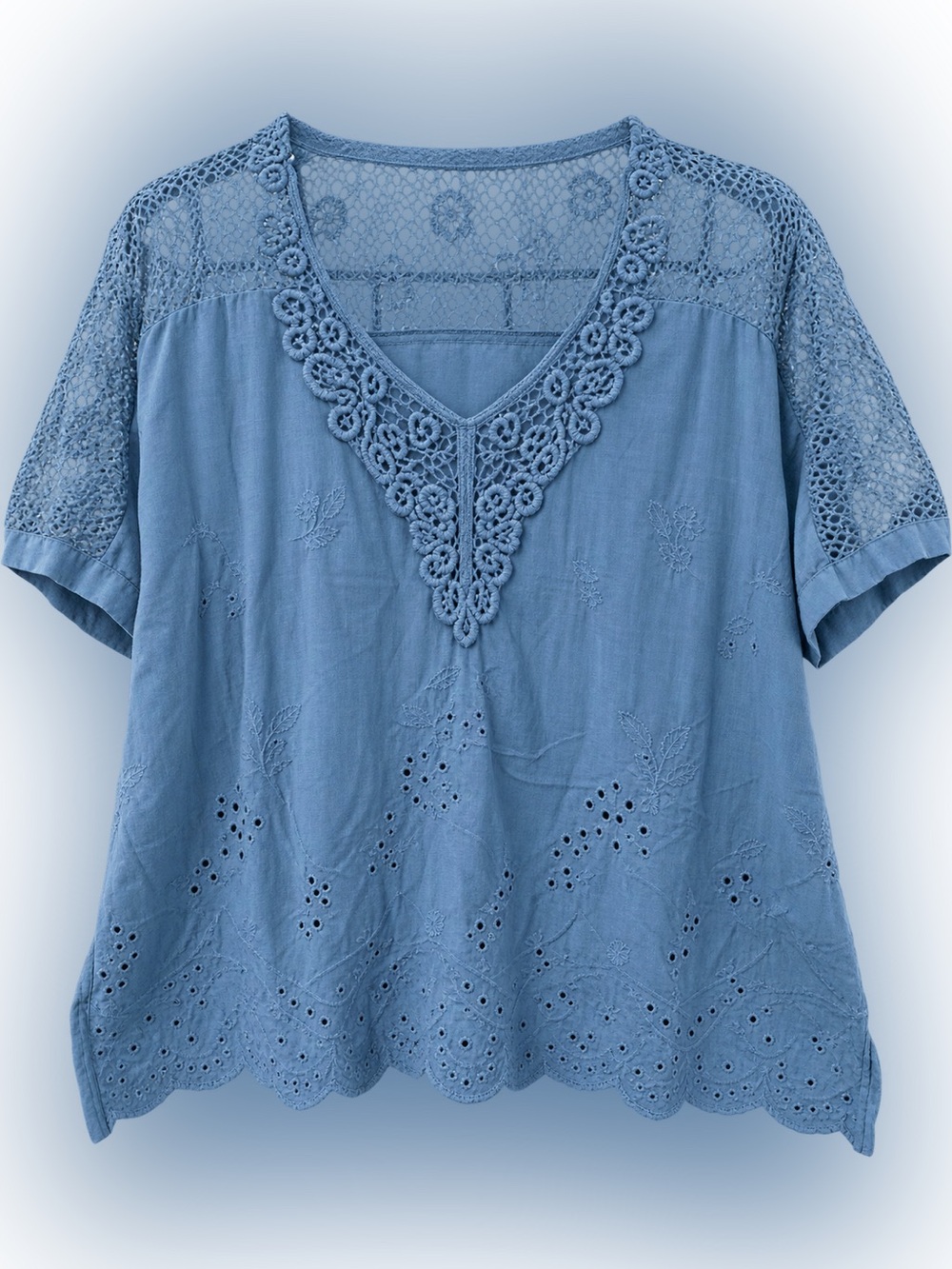 Dusty Boho Lace-Yoke Short Sleeve Top in Steel Blue